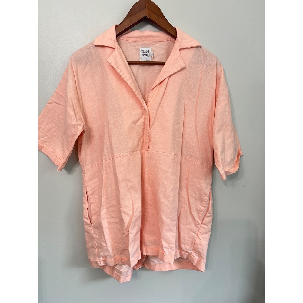 Princess Polly Pink Linen Cotton Blend Short Sleeve Button Front Romper‎ Size 0